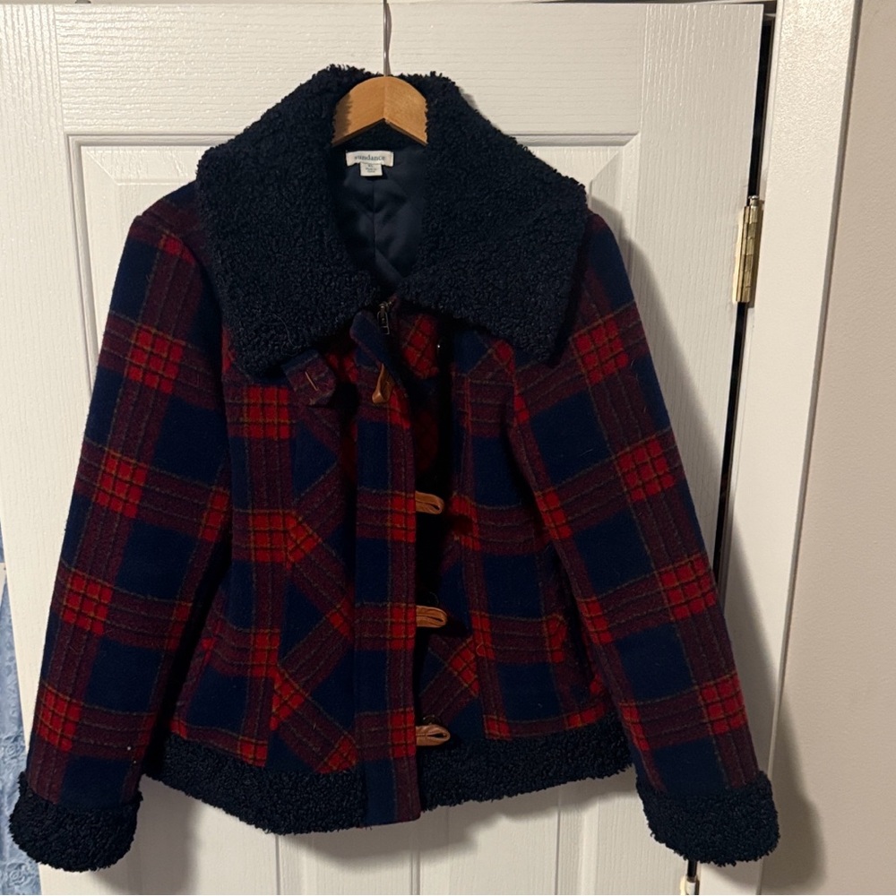 Sundance Navy and Red Plaid Wool Pea Coat